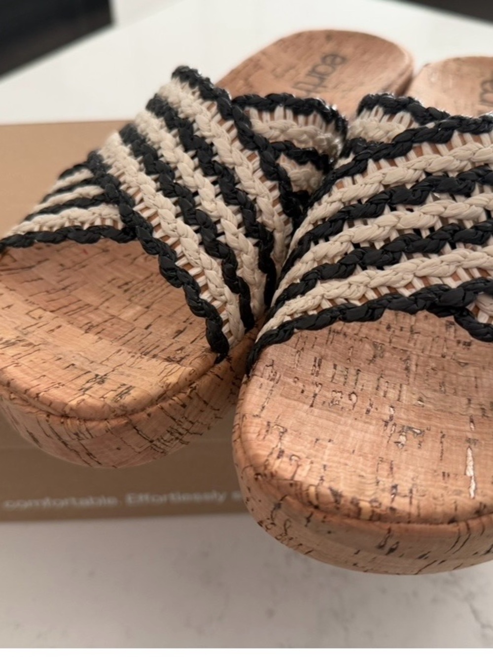 Earth, Striped Raffia Cork Wedge Sandals in Black and Natural